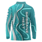 Brisbane Heat Long Sleeve Polo Shirt Aboriginal Dot Art Cyan White - Tribal Wave Pattern