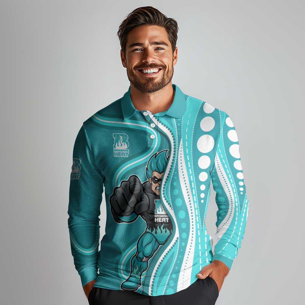 Brisbane Heat Long Sleeve Polo Shirt Aboriginal Dot Art Cyan White - Tribal Wave Pattern