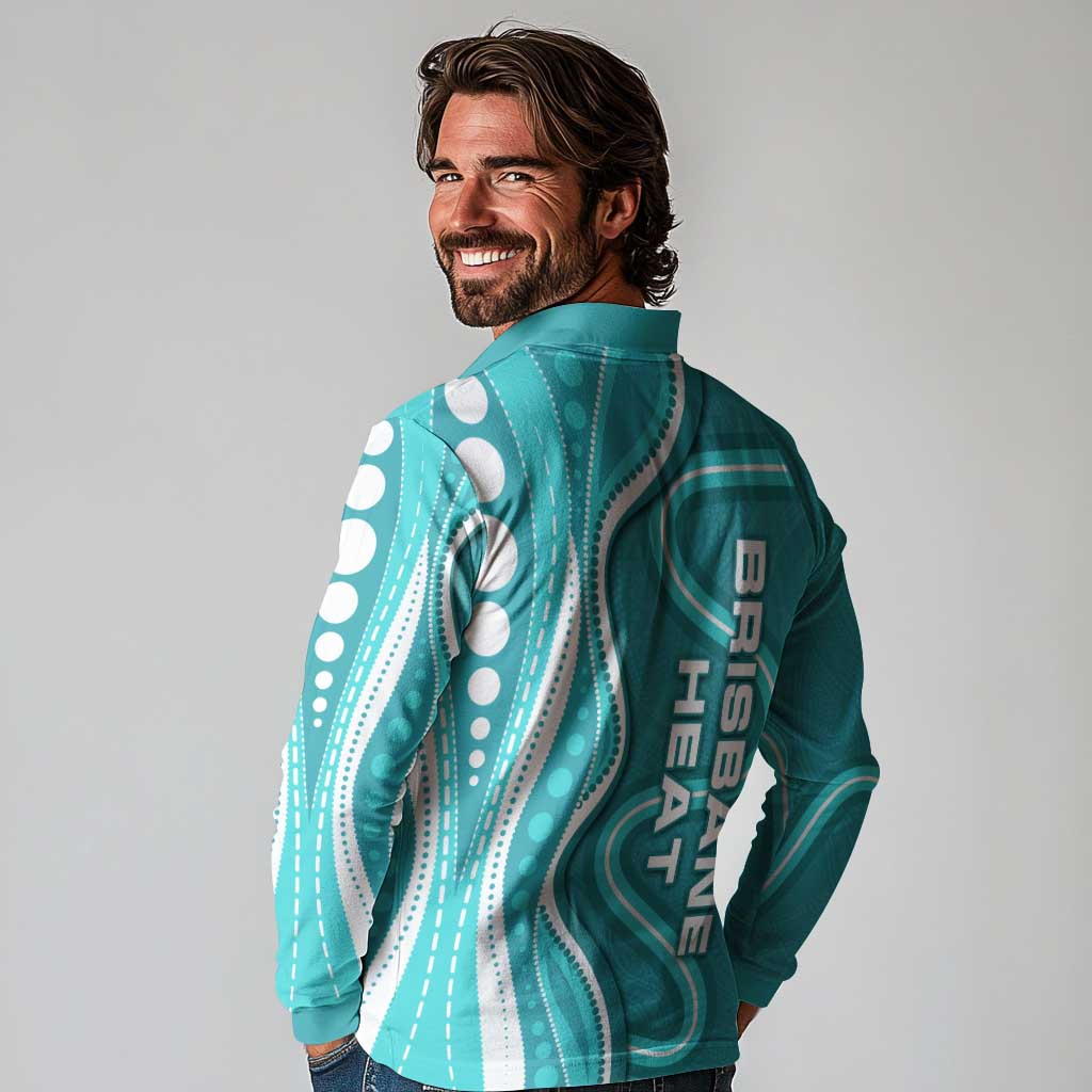 Brisbane Heat Long Sleeve Polo Shirt Aboriginal Dot Art Cyan White - Tribal Wave Pattern