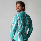 Brisbane Heat Long Sleeve Polo Shirt Aboriginal Dot Art Cyan White - Tribal Wave Pattern