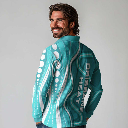 Brisbane Heat Long Sleeve Polo Shirt Aboriginal Dot Art Cyan White - Tribal Wave Pattern