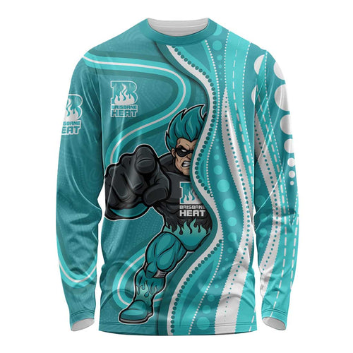 Brisbane Heat Long Sleeve Shirt Aboriginal Dot Art Cyan White - Tribal Wave Pattern