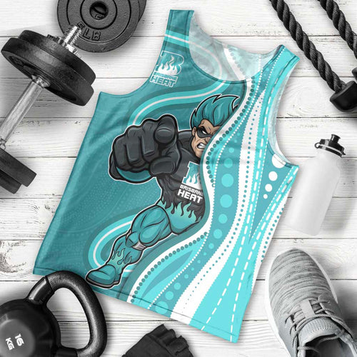 Brisbane Heat Men Tank Top Aboriginal Dot Art Cyan White - Tribal Wave Pattern