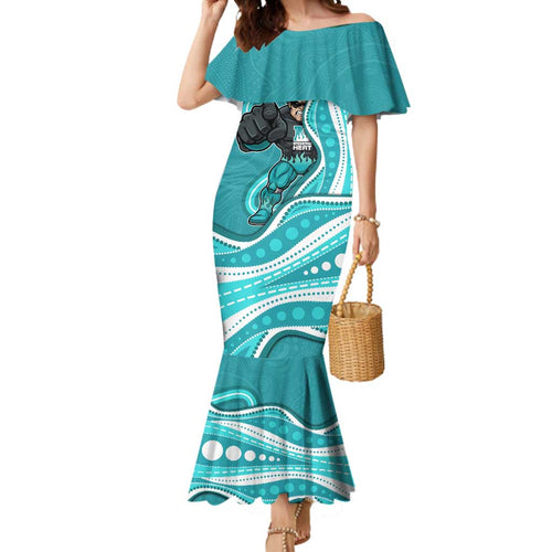 Brisbane Heat Mermaid Dress Aboriginal Dot Art Cyan White - Tribal Wave Pattern