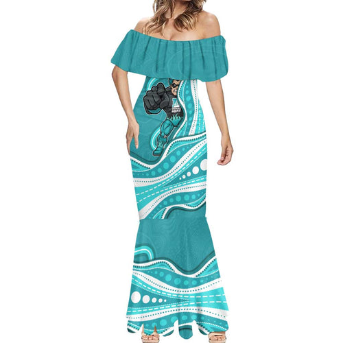 Brisbane Heat Mermaid Dress Aboriginal Dot Art Cyan White - Tribal Wave Pattern