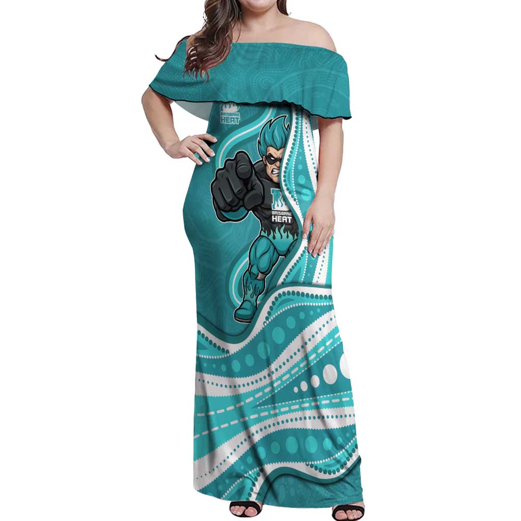 Brisbane Heat Off Shoulder Maxi Dress Aboriginal Dot Art Cyan White - Tribal Wave Pattern