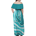 Brisbane Heat Off Shoulder Maxi Dress Aboriginal Dot Art Cyan White - Tribal Wave Pattern