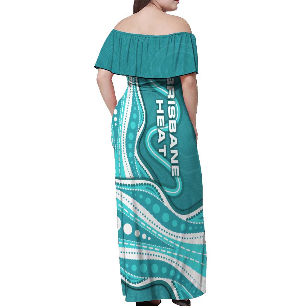 Brisbane Heat Off Shoulder Maxi Dress Aboriginal Dot Art Cyan White - Tribal Wave Pattern
