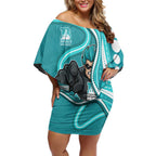 Brisbane Heat Off Shoulder Short Dress Aboriginal Dot Art Cyan White - Tribal Wave Pattern