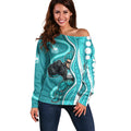 Brisbane Heat Off Shoulder Sweater Aboriginal Dot Art Cyan White - Tribal Wave Pattern
