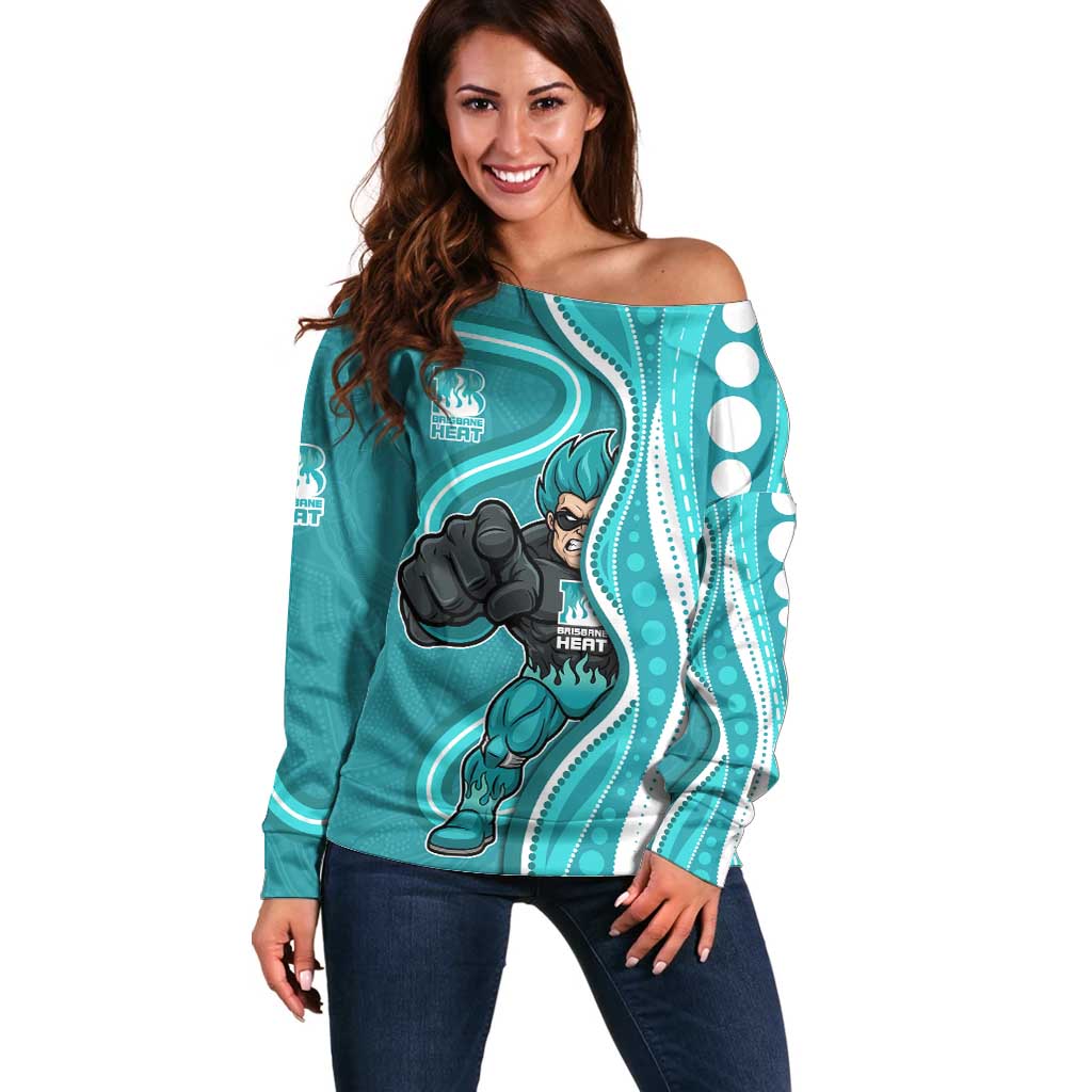 Brisbane Heat Off Shoulder Sweater Aboriginal Dot Art Cyan White - Tribal Wave Pattern