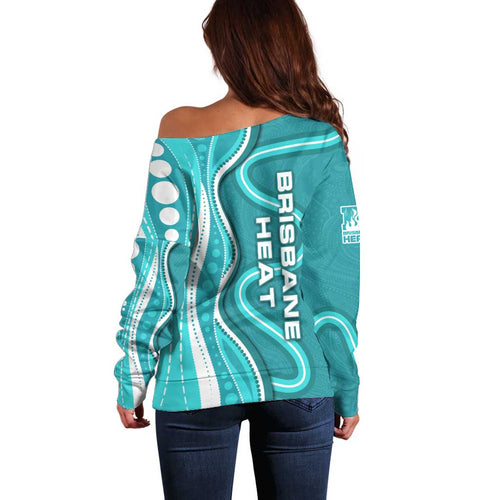Brisbane Heat Off Shoulder Sweater Aboriginal Dot Art Cyan White - Tribal Wave Pattern