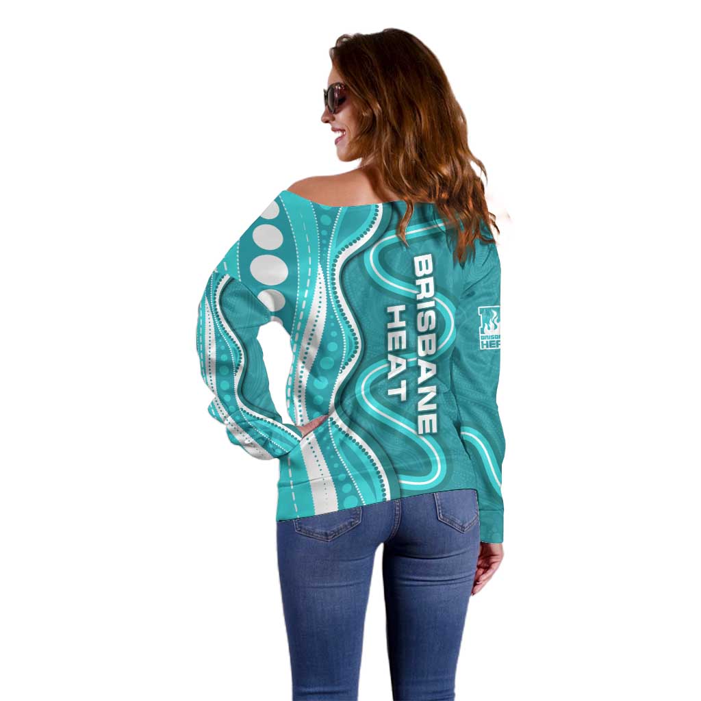 Brisbane Heat Off Shoulder Sweater Aboriginal Dot Art Cyan White - Tribal Wave Pattern