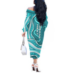 Brisbane Heat Off The Shoulder Long Sleeve Dress Aboriginal Dot Art Cyan White - Tribal Wave Pattern