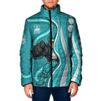 Brisbane Heat Padded Jacket Aboriginal Dot Art Cyan White - Tribal Wave Pattern