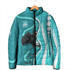 Brisbane Heat Padded Jacket Aboriginal Dot Art Cyan White - Tribal Wave Pattern