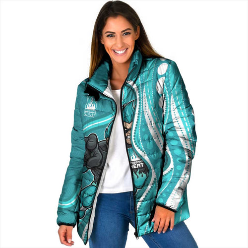 Brisbane Heat Padded Jacket Aboriginal Dot Art Cyan White - Tribal Wave Pattern