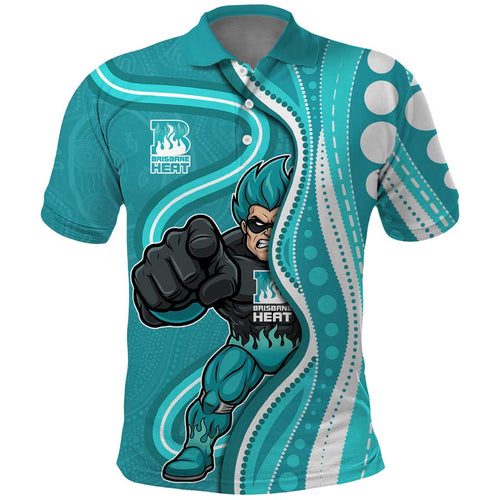 Brisbane Heat Polo Shirt Aboriginal Dot Art Cyan White - Tribal Wave Pattern