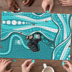 Brisbane Heat Puzzle Aboriginal Dot Art Cyan White - Tribal Wave Pattern