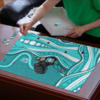 Brisbane Heat Puzzle Aboriginal Dot Art Cyan White - Tribal Wave Pattern