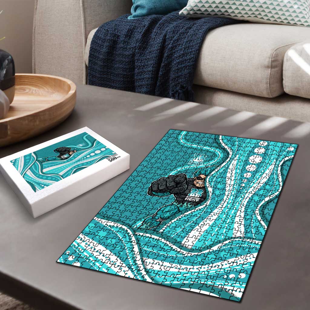 Brisbane Heat Puzzle Aboriginal Dot Art Cyan White - Tribal Wave Pattern