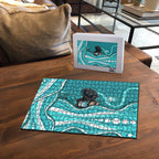 Brisbane Heat Puzzle Aboriginal Dot Art Cyan White - Tribal Wave Pattern
