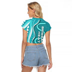 Brisbane Heat Raglan Cropped T Shirt Aboriginal Dot Art Cyan White - Tribal Wave Pattern