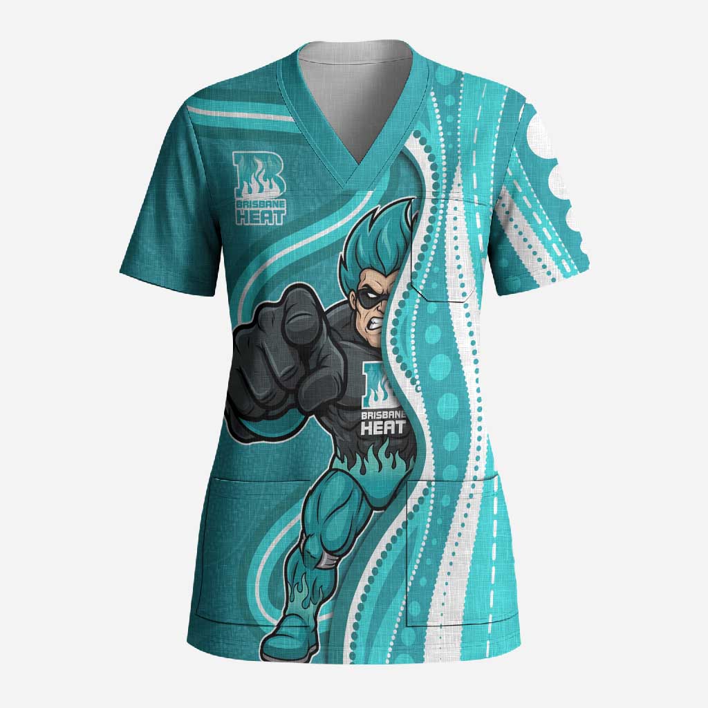 Brisbane Heat Scrub Top Aboriginal Dot Art Cyan White - Tribal Wave Pattern