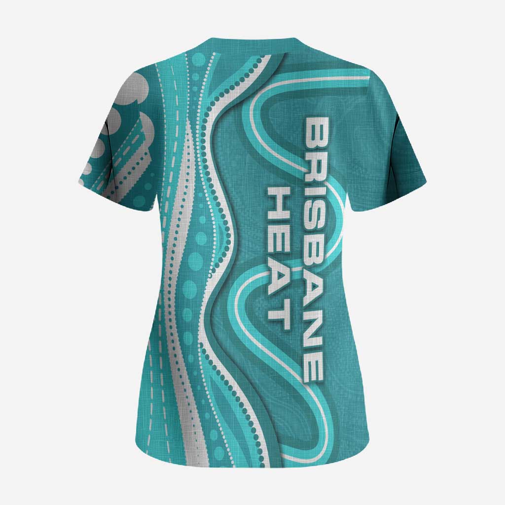 Brisbane Heat Scrub Top Aboriginal Dot Art Cyan White - Tribal Wave Pattern