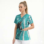 Brisbane Heat Scrub Top Aboriginal Dot Art Cyan White - Tribal Wave Pattern