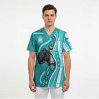 Brisbane Heat Scrub Top Aboriginal Dot Art Cyan White - Tribal Wave Pattern