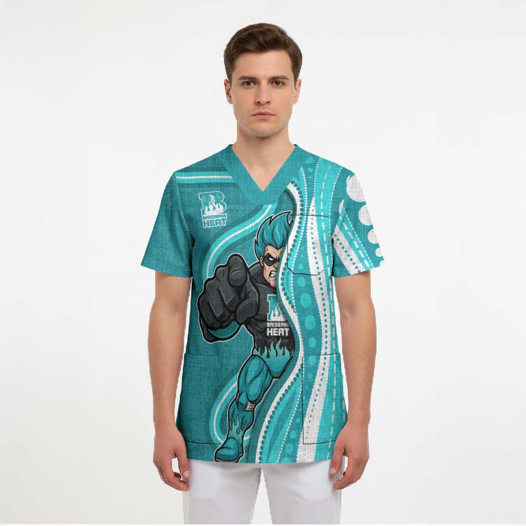 Brisbane Heat Scrub Top Aboriginal Dot Art Cyan White - Tribal Wave Pattern