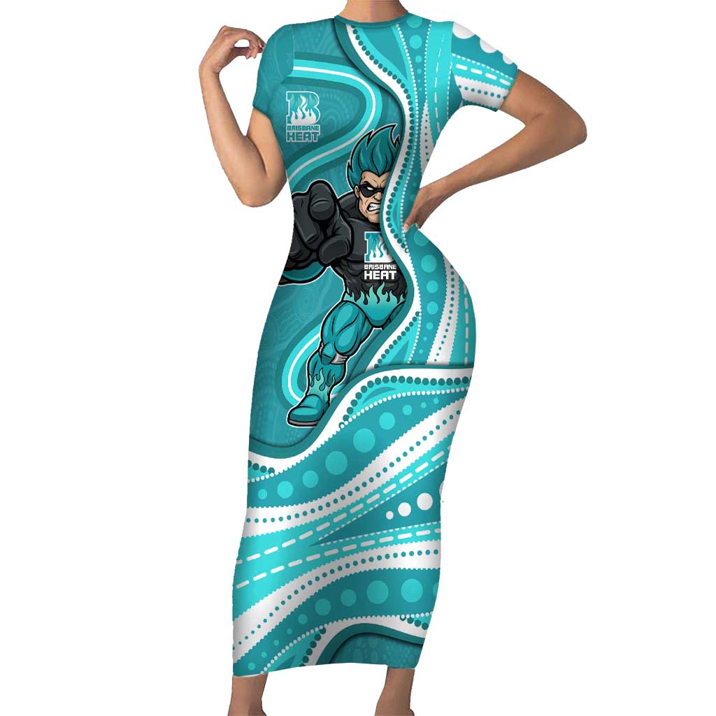 Brisbane Heat Short Sleeve Bodycon Dress Aboriginal Dot Art Cyan White - Tribal Wave Pattern