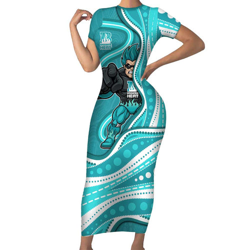 Brisbane Heat Short Sleeve Bodycon Dress Aboriginal Dot Art Cyan White - Tribal Wave Pattern