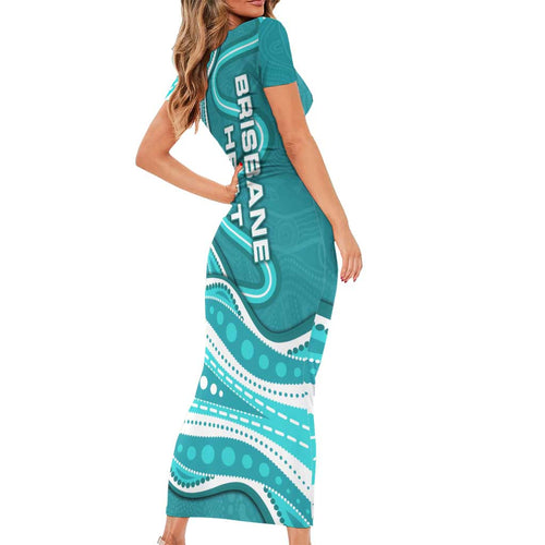 Brisbane Heat Short Sleeve Bodycon Dress Aboriginal Dot Art Cyan White - Tribal Wave Pattern