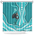 Brisbane Heat Shower Curtain Aboriginal Dot Art Cyan White - Tribal Wave Pattern