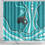 Brisbane Heat Shower Curtain Aboriginal Dot Art Cyan White - Tribal Wave Pattern