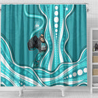 Brisbane Heat Shower Curtain Aboriginal Dot Art Cyan White - Tribal Wave Pattern