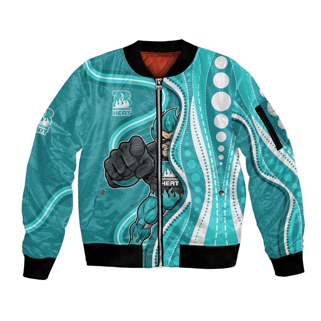 Brisbane Heat Sleeve Zip Bomber Jacket Aboriginal Dot Art Cyan White - Tribal Wave Pattern