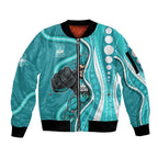 Brisbane Heat Sleeve Zip Bomber Jacket Aboriginal Dot Art Cyan White - Tribal Wave Pattern