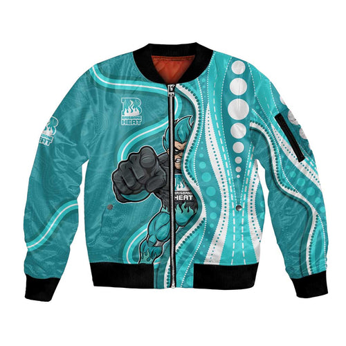 Brisbane Heat Sleeve Zip Bomber Jacket Aboriginal Dot Art Cyan White - Tribal Wave Pattern