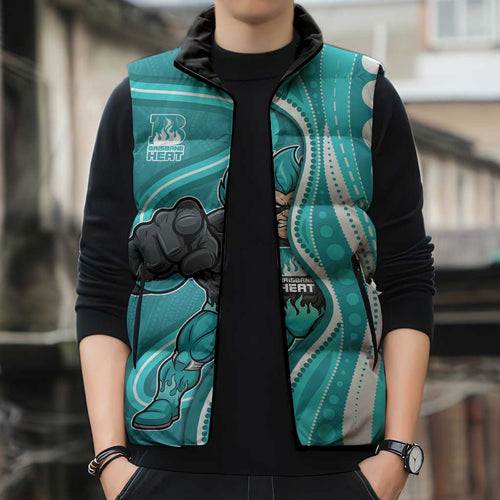 Brisbane Heat Sleeveless Puffer Jacket Aboriginal Dot Art Cyan White - Tribal Wave Pattern