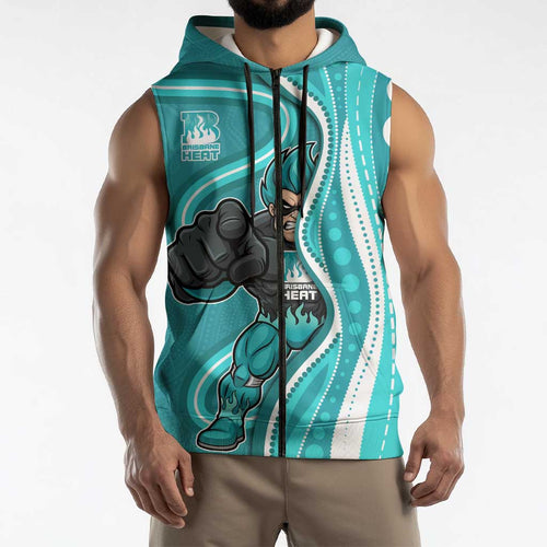 Brisbane Heat Sleeveless Zip Hoodie Aboriginal Dot Art Cyan White - Tribal Wave Pattern