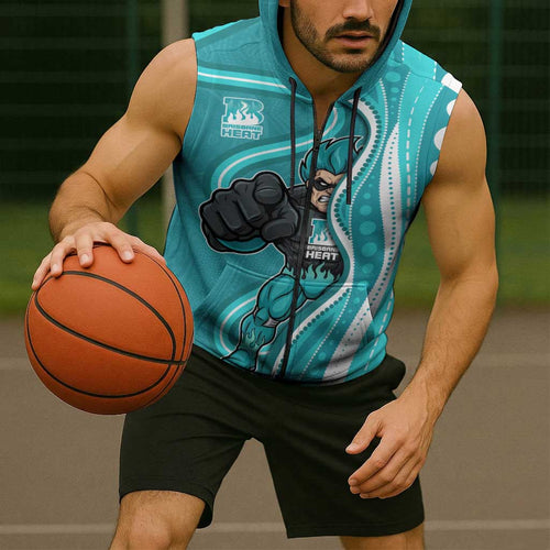 Brisbane Heat Sleeveless Zip Hoodie Aboriginal Dot Art Cyan White - Tribal Wave Pattern
