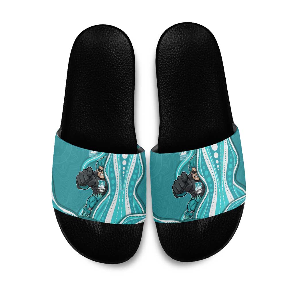 Brisbane Heat Slide Sandals Aboriginal Dot Art Cyan White - Tribal Wave Pattern