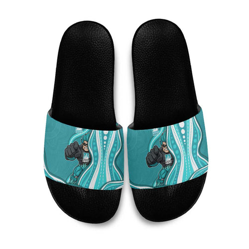 Brisbane Heat Slide Sandals Aboriginal Dot Art Cyan White - Tribal Wave Pattern