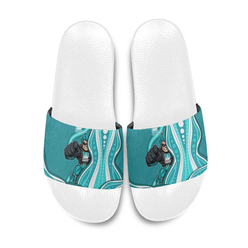 Brisbane Heat Slide Sandals Aboriginal Dot Art Cyan White - Tribal Wave Pattern