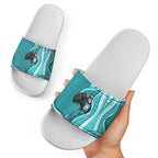 Brisbane Heat Slide Sandals Aboriginal Dot Art Cyan White - Tribal Wave Pattern