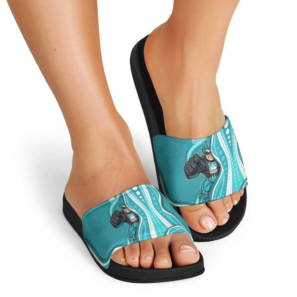 Brisbane Heat Slide Sandals Aboriginal Dot Art Cyan White - Tribal Wave Pattern