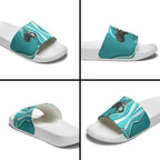 Brisbane Heat Slide Sandals Aboriginal Dot Art Cyan White - Tribal Wave Pattern